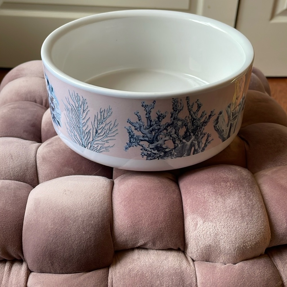 Ceramic Dog Bowl with blue ocean coral print on pink background